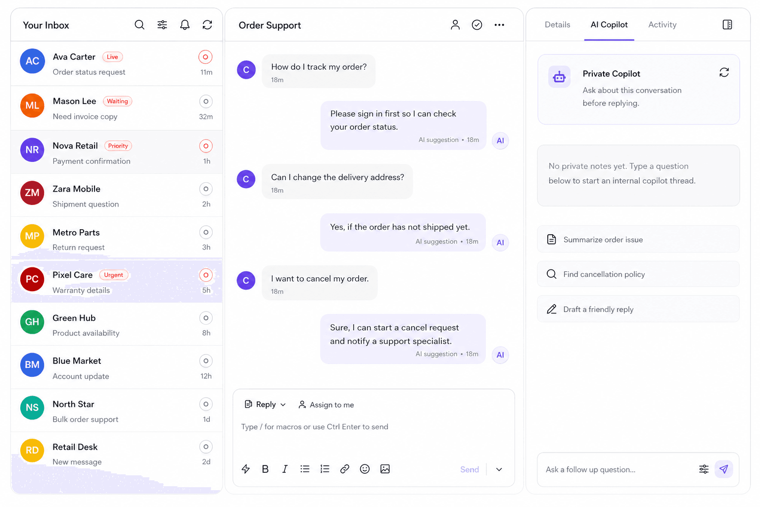 Dhru Inbox AI Copilot customer support dashboard